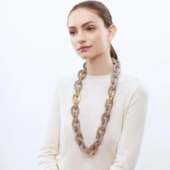 Vanessa Baroni Halsketten|Oval Necklace Long With Gold - Greige Marble - Matt Light Taupe
